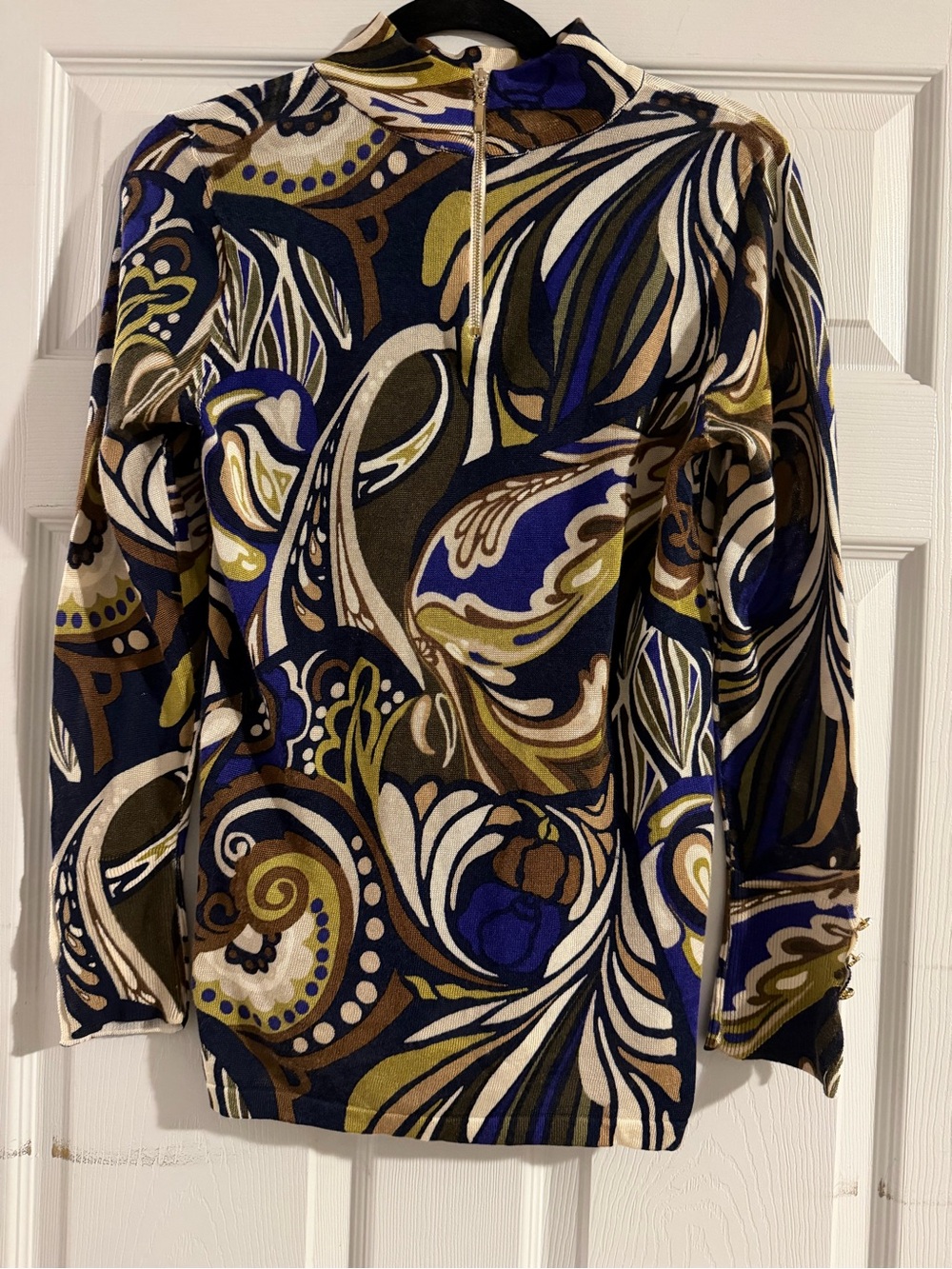 Chico's Navy, Olive, Cream & Gold Abstract Zip Mock Pullover